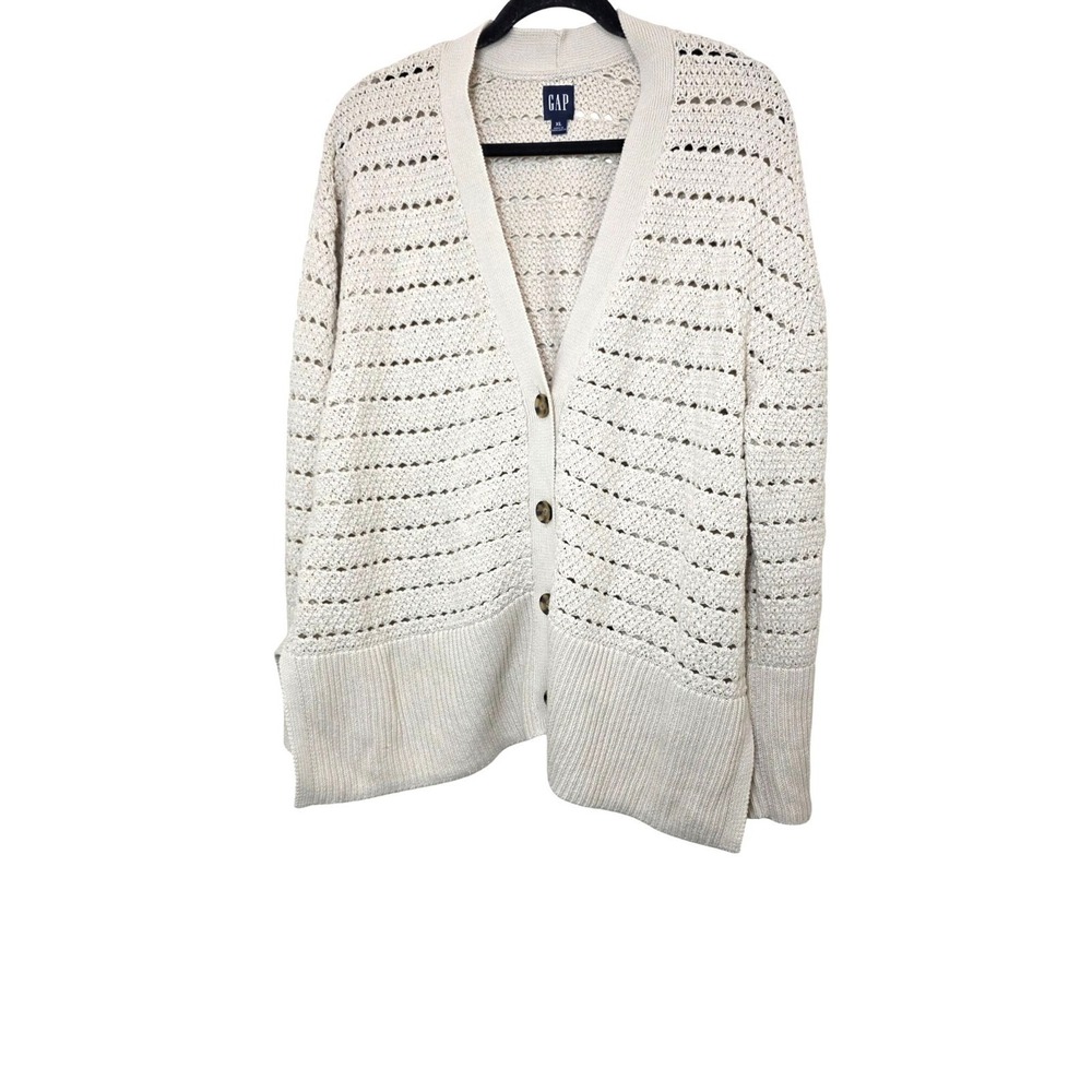 Gap Women's XL Beige Open Knit Button-Up Cardigan Minimalist‎ Crochet Sweater